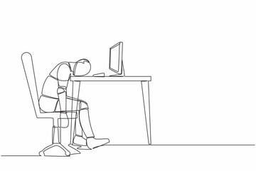 Poster - Single one line drawing exhausted sick tired robot sad boring sitting with head down on desk. Robotic artificial intelligence. Technology industry. Continuous line design graphic vector illustration
