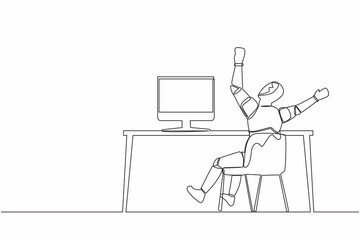Poster - Continuous one line drawing back view of happy robot completed task and triumphing with raised hands on desk. Humanoid cybernetic organism. Future robotic. Single line draw design vector illustration