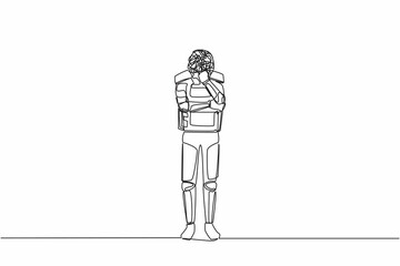Poster - Single one line drawing astronaut with round scribbles instead of head, standing in thoughtful pose holding chin thinking. Cosmic galaxy space. Continuous line draw graphic design vector illustration