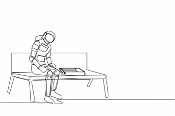 Poster - Continuous one line drawing astronaut sitting at bench alone. Suffering from depression, experiences dismissal in spaceship company. Cosmonaut outer space. Single line draw design vector illustration