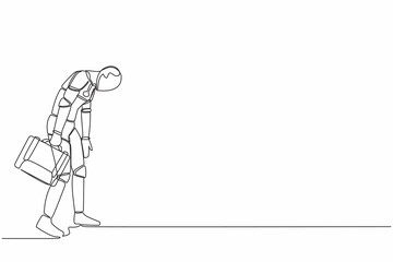 Poster - single one line drawing robot looking down, holding briefcase. bankruptcy on global economic recessi