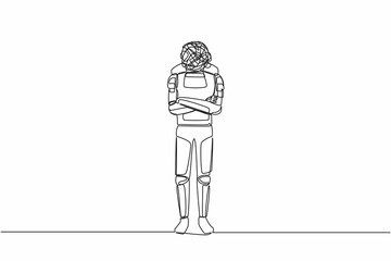 Poster - Single one line drawing young astronaut with round scribble instead of head, standing with folded arm pose in moon surface. Cosmic galaxy space. Continuous line draw graphic design vector illustration