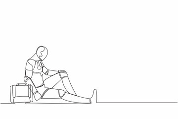 Poster - Continuous one line drawing depressed robot with briefcase sitting in despair on the floor. Sad gesture expression. Humanoid cybernetic organism. Future robotic. Single line design vector illustration