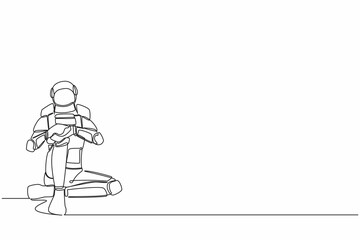 Poster - Single one line drawing sad astronaut sitting alone on the floor. Depressed, disorder, sorrow. Spacecraft industry failure. Cosmic galaxy space. Continuous line draw graphic design vector illustration