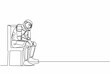 © Simple Line - Single continuous line drawing of depressed astronaut hold his head sitting on chair. Regret on galactic journey mission mistake. Cosmonaut deep space. One line draw graphic design vector illustration