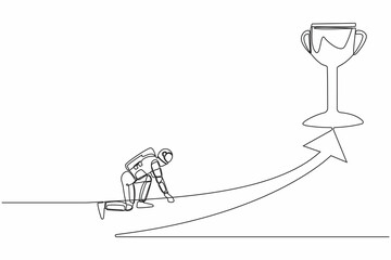 Poster - continuous one line drawing young astronaut get ready to sprint run and get trophy. planning in spac