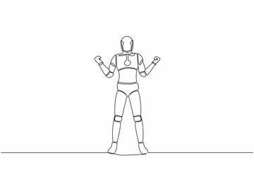 Poster - Continuous one line drawing of happy robot standing with both hands yes gesture. Humanoid cybernetic organism. Future robotic industry development. Single line draw graphic design vector illustration