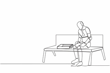 Poster - Single continuous line drawing robot sit at bench alone. Suffering from depression, experiences dismissal, difficult life situation. Artificial intelligence. One line draw design vector illustration