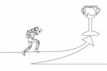 Poster - Continuous one line drawing astronaut running on forward arrow to get trophy in moon surface. Race for future starship development. Cosmonaut outer space. Single line draw design vector illustration