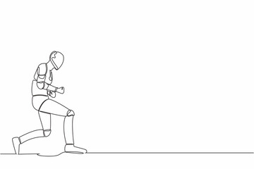 Poster - single one line drawing of happy robot bow with yes gesture. successful victory achievement. artific