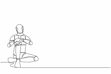 Poster - Continuous one line drawing sad robot sitting alone on the floor. Depressed, disorder, sorrow. Humanoid cybernetic organism. Future robotic development. Single line design vector graphic illustration