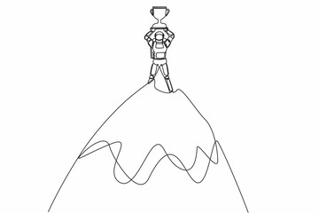 Poster - Single one line drawing astronaut lifting up trophy on top high mountain. Success and goal achievement in space wormhole research. Cosmic galaxy space. Continuous line draw design vector illustration