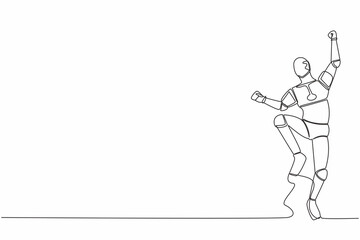 Poster - Single one line drawing happy robot jump with folds one leg and raises one hand. Winning business project. Artificial intelligence. Technology industry. Continuous line draw design vector illustration