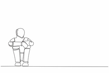 Poster - Continuous one line drawing sad robot suffer emotion melancholy sitting in despair on floor. Humanoid robot cybernetic organism. Future robotic development. Single line draw design vector illustration