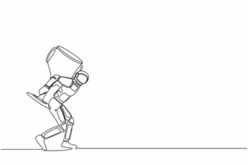 Poster - Continuous one line drawing young astronaut carrying huge golden trophy on back. Heavy burden of spaceship intellectual research. Cosmonaut outer space. Single line graphic design vector illustration