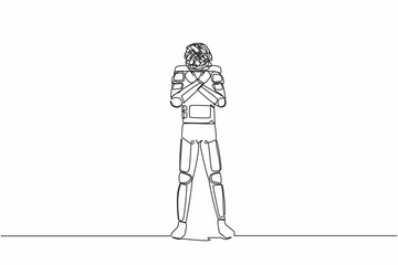 Poster - Single one line drawing astronaut with round scribbles instead of head. Spaceman with fist clenched, arms crossed gesture. Cosmic galaxy space. Continuous line draw graphic design vector illustration