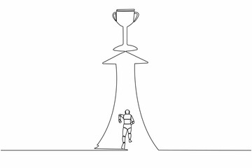 Poster - Continuous one line drawing of robot running and reach for trophy. Ability to win concept. Humanoid cybernetic organism. Future robotic development. Single line draw design vector graphic illustration