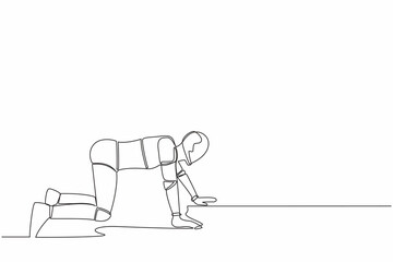Poster - Single continuous line drawing depressed robot crawling in despair on the floor. Frustrated concept. Artificial intelligence and machine learning process. One line graphic design vector illustration