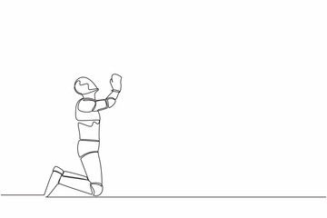 Poster - Single one line drawing of robot on his knees and ask for help or praying. Psychological therapy and treatment. Artificial intelligence. Technology industry. Continuous line design vector illustration