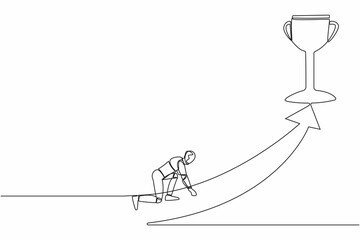 Poster - Continuous one line drawing of robot get ready to sprint run and get trophy. Humanoid robot cybernetic organism. Future robotic development competition. Single line design vector graphic illustration