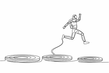 Poster - Single continuous line drawing astronaut jumping on bigger target in moon surface. Advancement and achievement in spaceship industry. Cosmonaut deep space. One line graphic design vector illustration