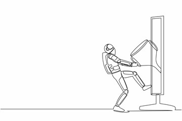 Poster - continuous one line drawing astronaut pulling trophy from monitor screen. award on winning spaceship