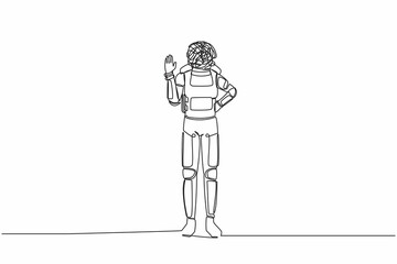 Poster - Single continuous line drawing of young astronaut with round scribbles instead of head, making stop gesture sign with hand, saying no. Cosmonaut deep space. One line graphic design vector illustration