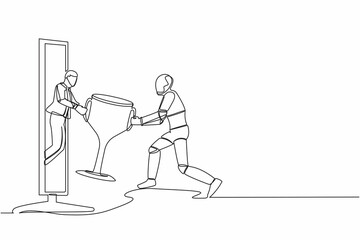 Poster - Continuous one line drawing of young male giving trophy to robot from computer screen. Winning, leadership, achievement. Future robotic development. Single line draw design vector graphic illustration