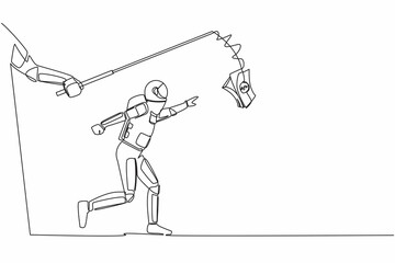 Poster - Single continuous line drawing hand with fishing rod and banknote controlling astronaut. Greedy to get more profit from space industry. Cosmonaut deep space. One line draw design vector illustration
