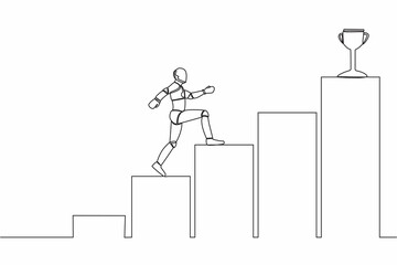 Poster - Single continuous line drawing of robot walking on graph staircase to get trophy. Way to achieve goal. Robotic artificial intelligence. Technology industry. One line graphic design vector illustration