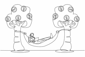 Poster - Single one line drawing of astronaut typing with laptop in hammock tied on money tree with dollar coin. Relaxing after space expedition. Cosmic galaxy space. Continuous line design vector illustration