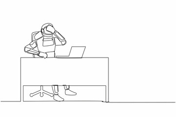 Poster - Single one line drawing young astronaut working with laptop at working desk and holding face. Feeling bad, headache, exhausted. Cosmic galaxy space. Continuous line graphic design vector illustration