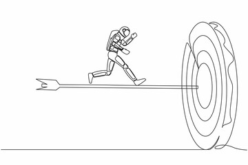Poster - Single one line drawing of young astronaut run to center of bullseye on big dart. Reach successful spaceship expedition target. Cosmic galaxy space. Continuous line graphic design vector illustration
