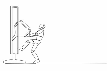 Poster - Continuous one line drawing robot pull out trophy cup from computer screen. Award on winning competition. Humanoid cybernetic organism. Robotic development. Single line draw design vector illustration