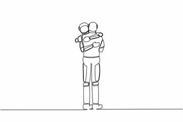 Poster - Continuous one line drawing two astronaut embracing each other closely feeling comfort. Father and son meeting after long parting. Cosmonaut outer space. Single line graphic design vector illustration