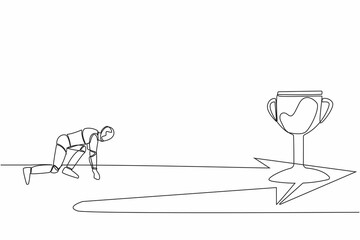 Poster - Single one line drawing side view robot ready to run to trophy. Vision mission tech business. Artificial intelligence machine learning process. Continuous line draw graphic design vector illustration