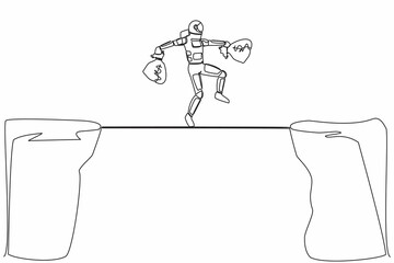 Poster - Single continuous line drawing astronaut walk over cliff gap mountain carry two money bag. Risking and dangerous in space expedition. Cosmonaut deep space. One line graphic design vector illustration