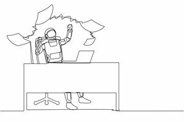 Poster - Single one line drawing happy astronaut throwing paper documents in air at working desk. Enjoying space business success. Cosmic galaxy space. Continuous line draw graphic design vector illustration