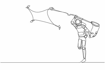 Poster - single one line drawing astronaut trying to catch flying banknote money with net. collecting spacesh