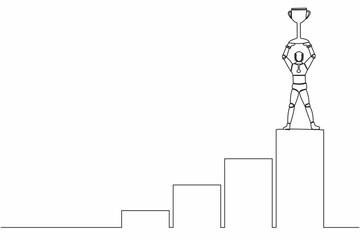Poster - Single continuous line drawing robot climbing graph staircase to reach and lifting up trophy. Robotic artificial intelligence. Electronic technology industry. One line draw design vector illustration