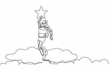 Poster - Continuous one line drawing young astronaut reaching star on the sky. Business champion to get reward in spaceship industry. Cosmonaut outer space. Single line draw graphic design vector illustration