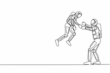 Poster - Single continuous line drawing happy dad astronaut carry and throw his son to the sky. Child's enjoy flying and play become spaceman. Cosmonaut deep space. One line graphic design vector illustration