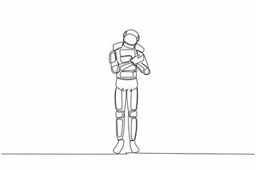 Poster - Single continuous line drawing of young astronaut standing and hugging laptop at office. Loving his job exploring cosmic interstellar. Cosmonaut deep space. One line graphic design vector illustration