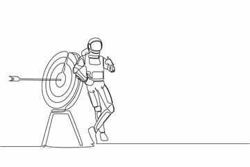 Poster - continuous one line drawing astronaut leaning on target with thumbs up gesture. happy with successfu