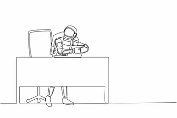 Aufkleber - Continuous one line drawing of young astronaut sitting and hugging laptop at office desk. Accomplish interstellar expedition. Cosmonaut outer space. Single line draw graphic design vector illustration