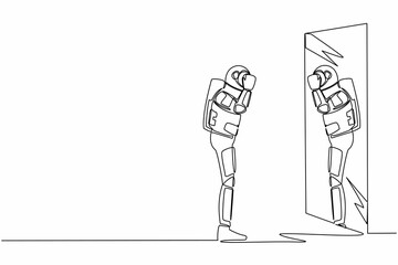 Poster - Single one line drawing young astronaut holding his face on reflection mirror. Spaceman looking at mirror for shaving or trimming. Cosmic galaxy space. Continuous line draw design vector illustration