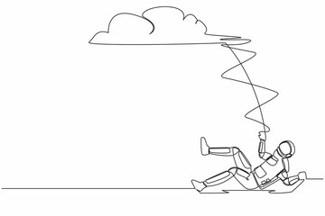 Poster - Single continuous line drawing of unlucky young astronaut falling from cloud sky. Loses spaceship business project. Discovery failure. Cosmonaut deep space. One line graphic design vector illustration