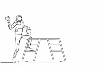 Poster - Single continuous line drawing astronaut standing with painting roller, bucket and ladder. Home decoration. Preparation house renovation. Cosmonaut deep space. One line draw design vector illustration
