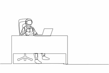 Poster - Single continuous line drawing astronaut relaxed at desk and drink cup of coffee. Take break after exploring outer space planets. Cosmonaut deep space. One line draw graphic design vector illustration