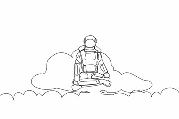 Poster - Single continuous line drawing young astronaut meditates and resting in yoga position on clouds. Relaxing after galactic expedition. Cosmonaut deep space. One line graphic design vector illustration